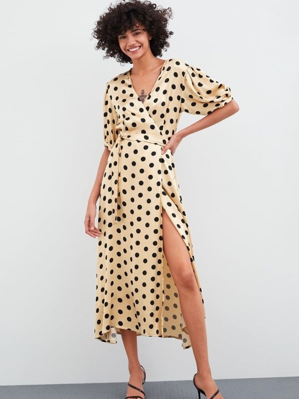Zara Beige Midi Wrap Dress with Black Polka Dots